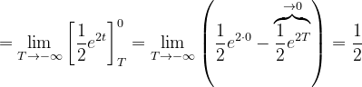 \dpi{120} =\lim_{T\rightarrow -\infty }\left [ \frac{1}{2}e^{2t} \right ]_{T}^{0}=\lim_{T\rightarrow -\infty }\left ( \frac{1}{2}e^{2\cdot 0} -\overset{\rightarrow 0}{\overbrace{\frac{1}{2}e^{2T}}}\right )=\frac{1}{2}